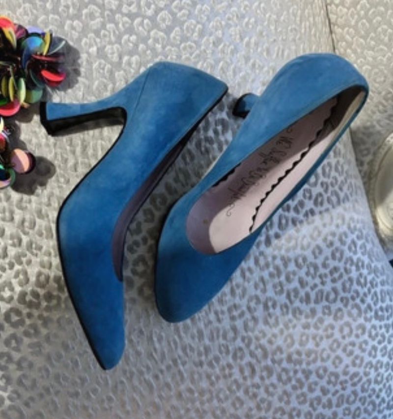 Alexandra Court Shoes styled in a striking turquoise or cerulean blue suede. 