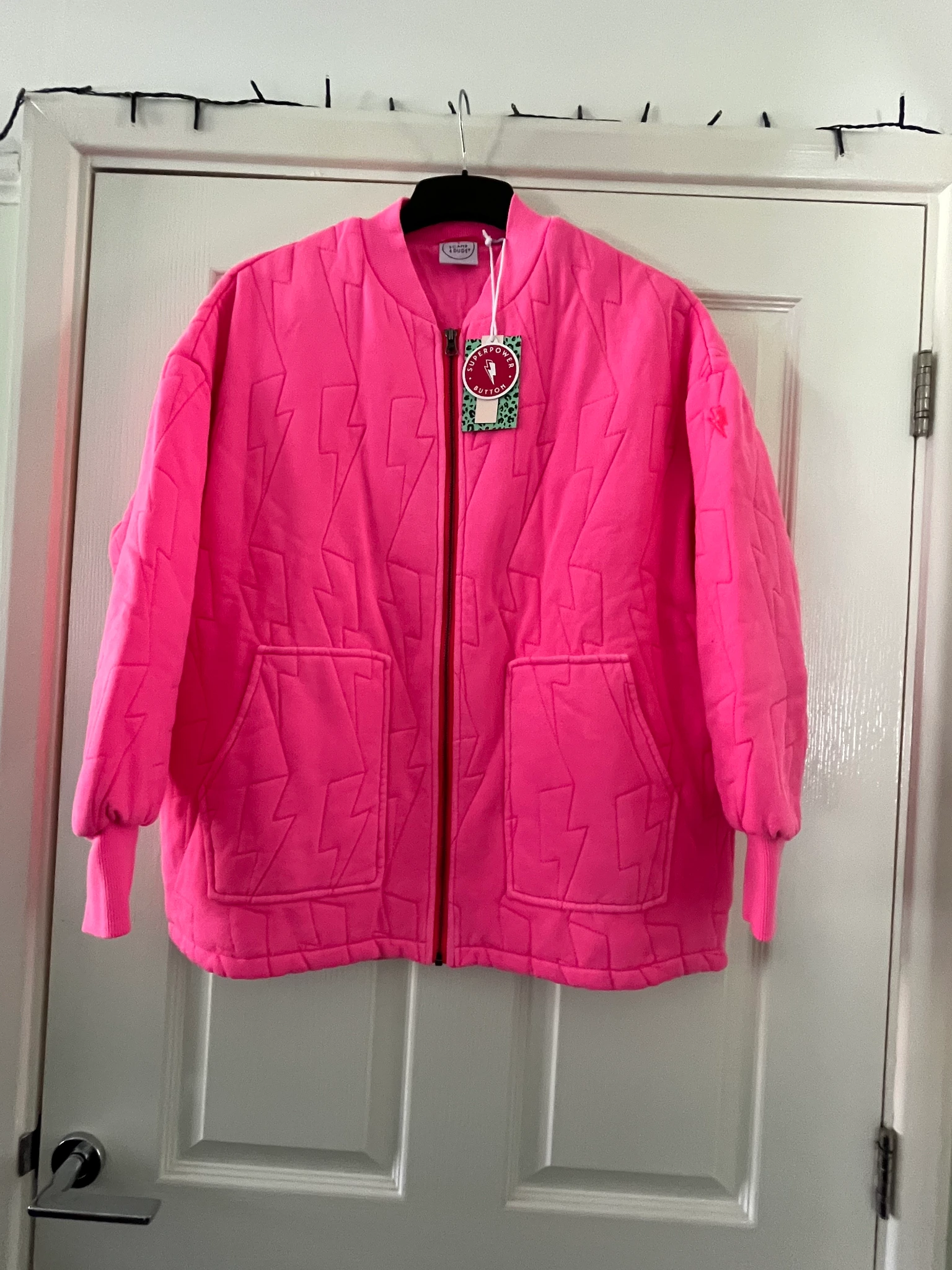 Neon Pink Lightning Bolt Oversized Quilted Bomber Jacket