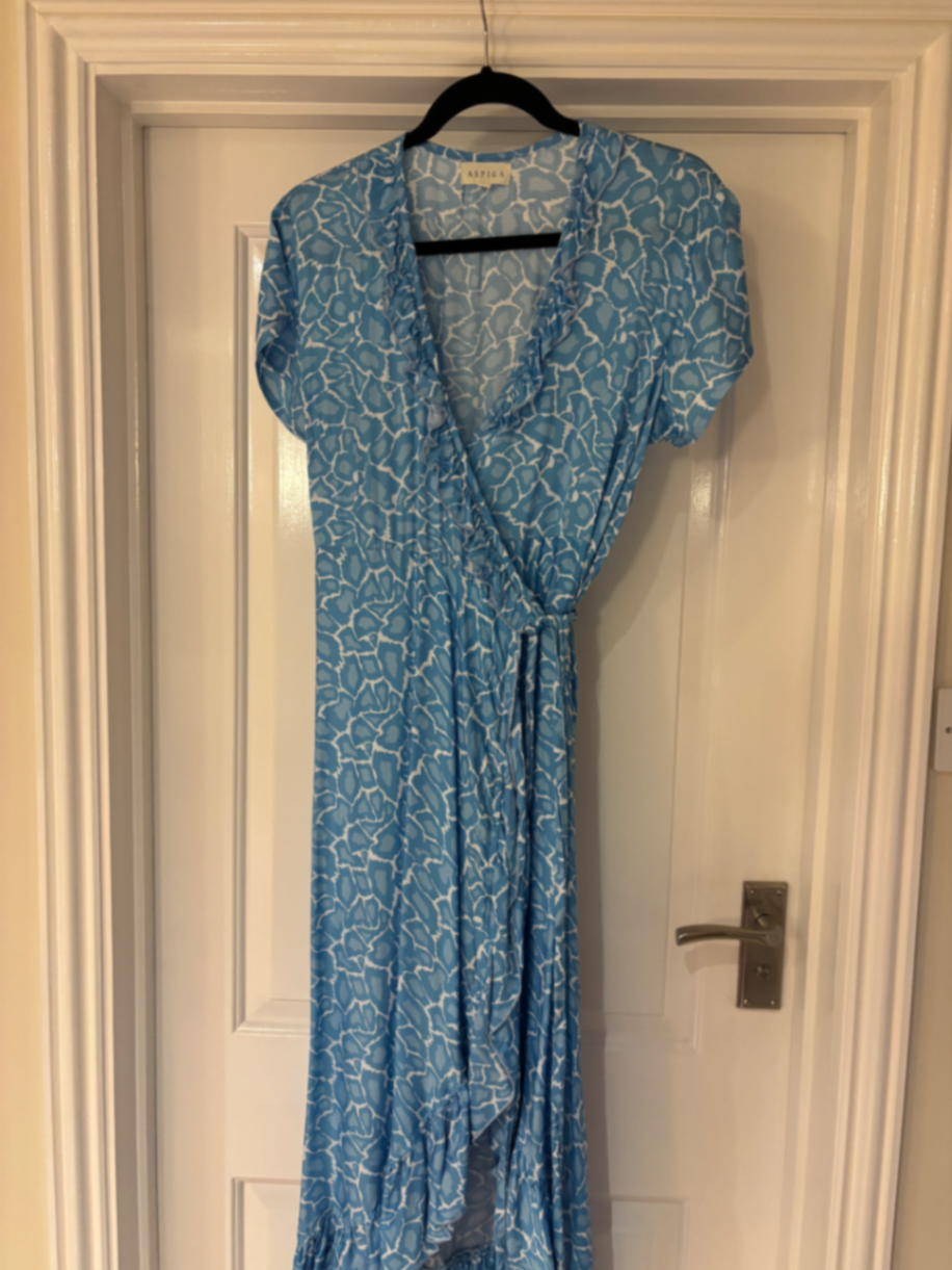 Aspiga Blue & White Animal Print Ruffle Wrap Midi Dress