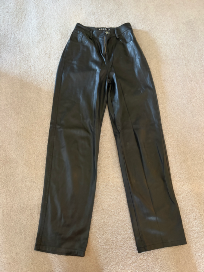 leather straight legged high waisted trousers