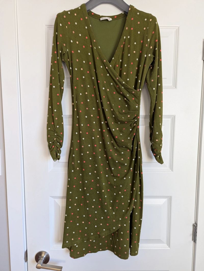 Arabella faux wrap dress, with polka dot print, midi dress with "v" neck, long sleeves