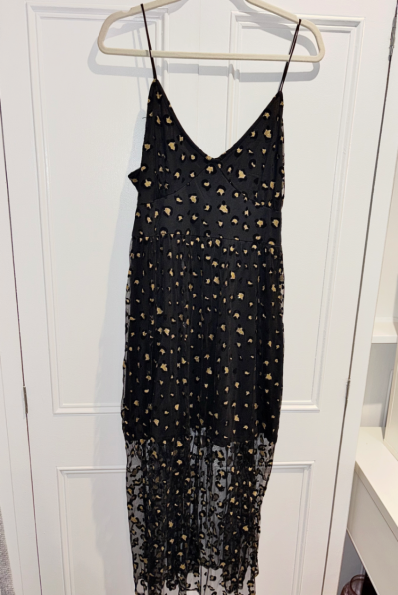 black and gold leopard dress Animal-print with mesh overlay, featuring a print design Glitter