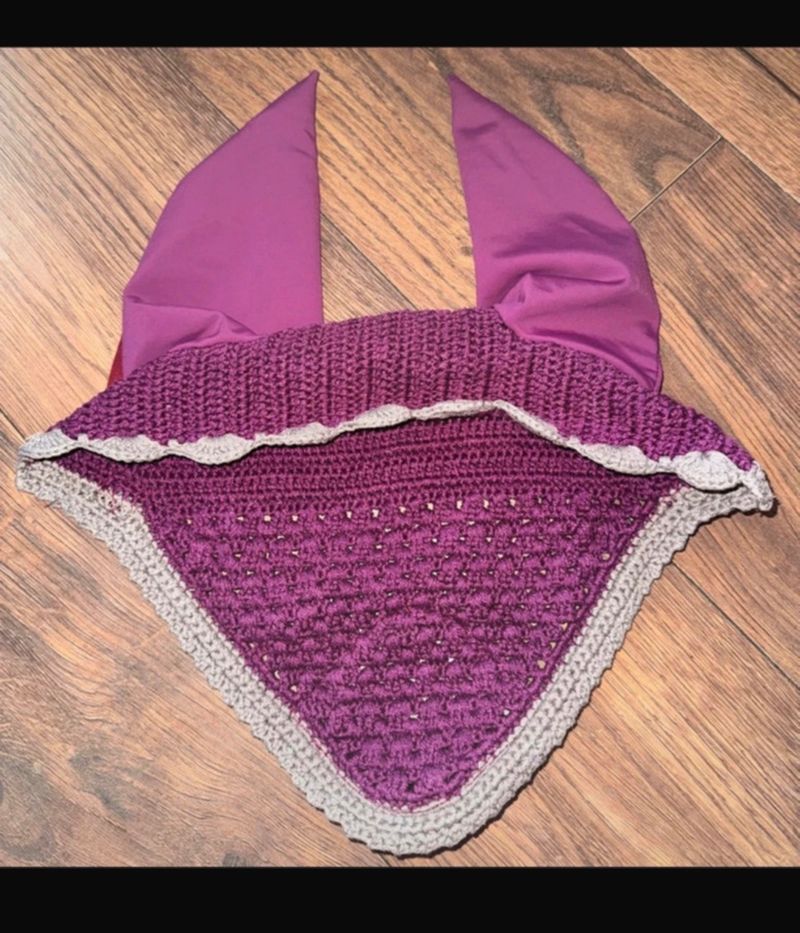 Lemieux Classic Crochet Fly Mask Hood Ears Bonnet Plum Size XL 
