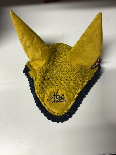 Mini LeMieux mustard Yellow Fly Hood with Navy S 