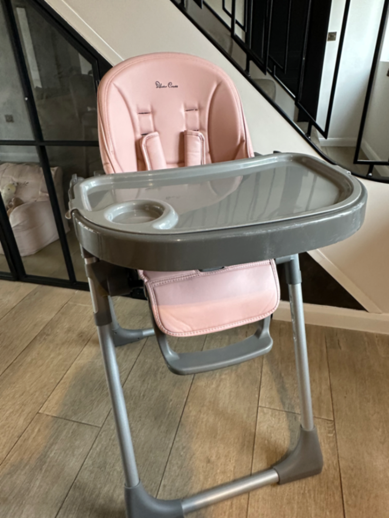 Silver Crate Highchair with Pink Seat Pad