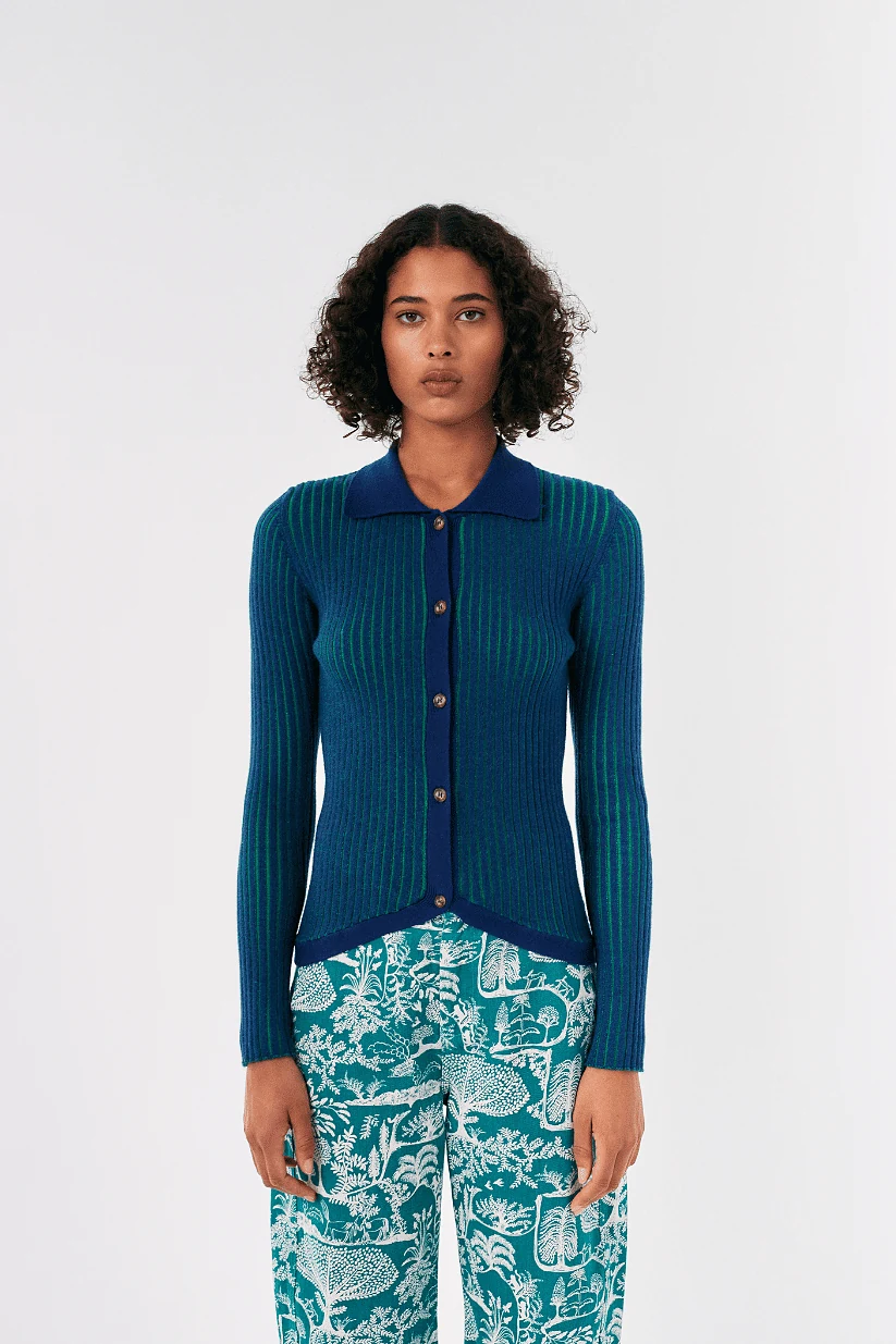 Bobo Choses • Ribbed Knitted Collar Cardigan • Blue/Green