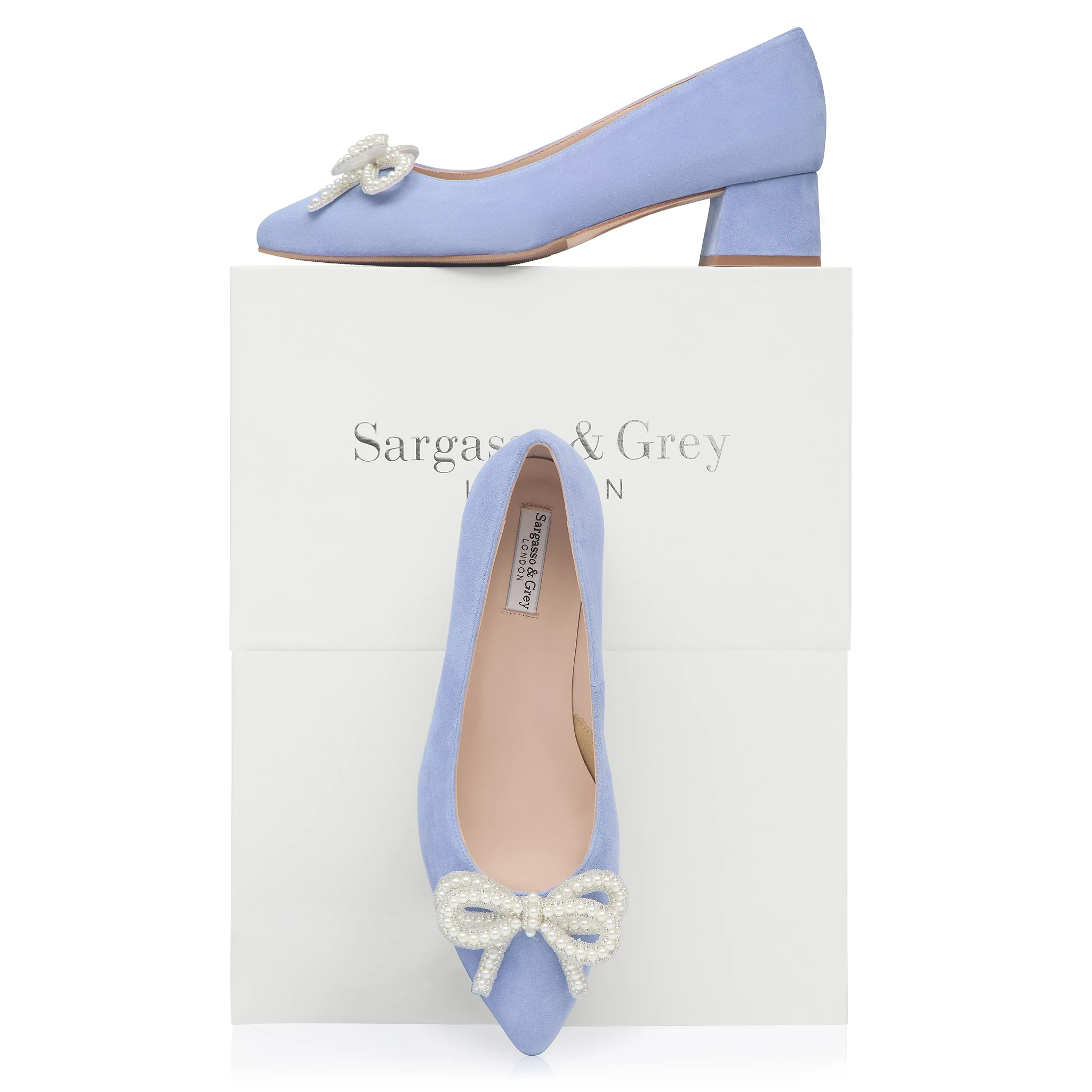 Tess Extra-Wide Fit Heels With Pearl Bow - Light Blue Suede