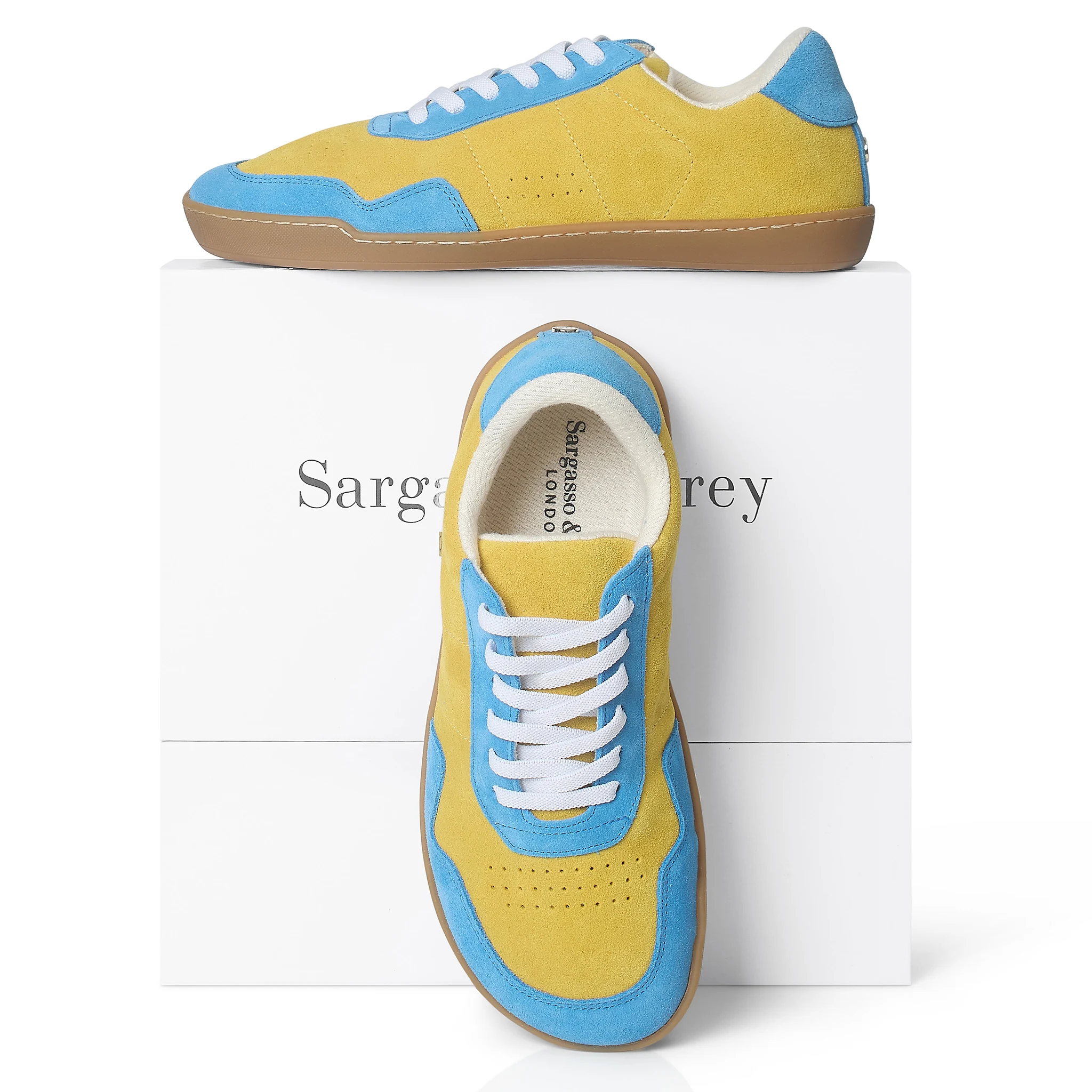 Barefoot Cushion Trainers - Extra-Wide - Yellow Suede with Blue Trim
