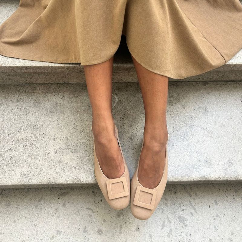 Amalie Buckle Low Heel Slingback - Cappuccino Suede