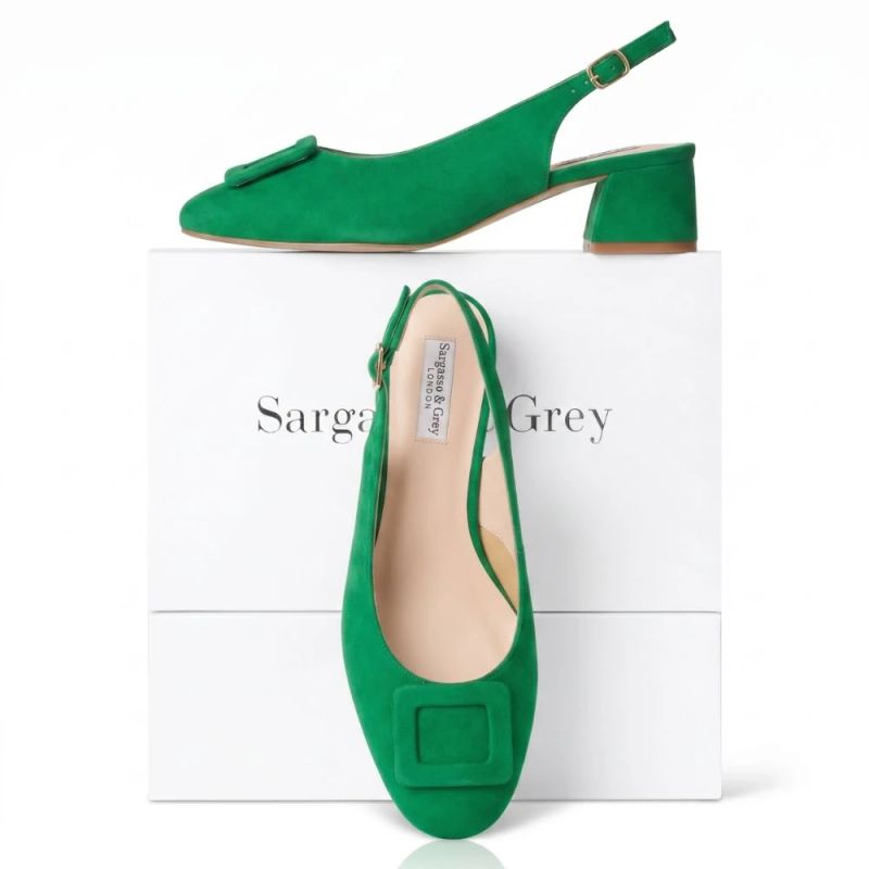 Amalie Buckle Low Heel Slingback - Green Suede