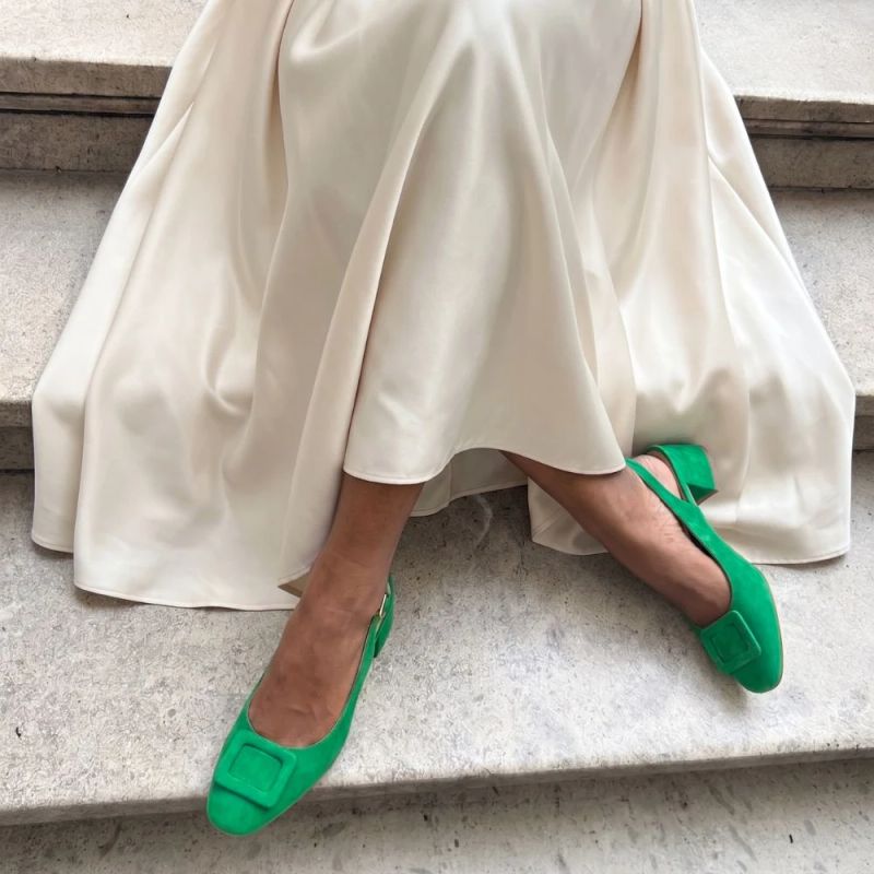 Amalie Buckle Low Heel Slingback - Green Suede