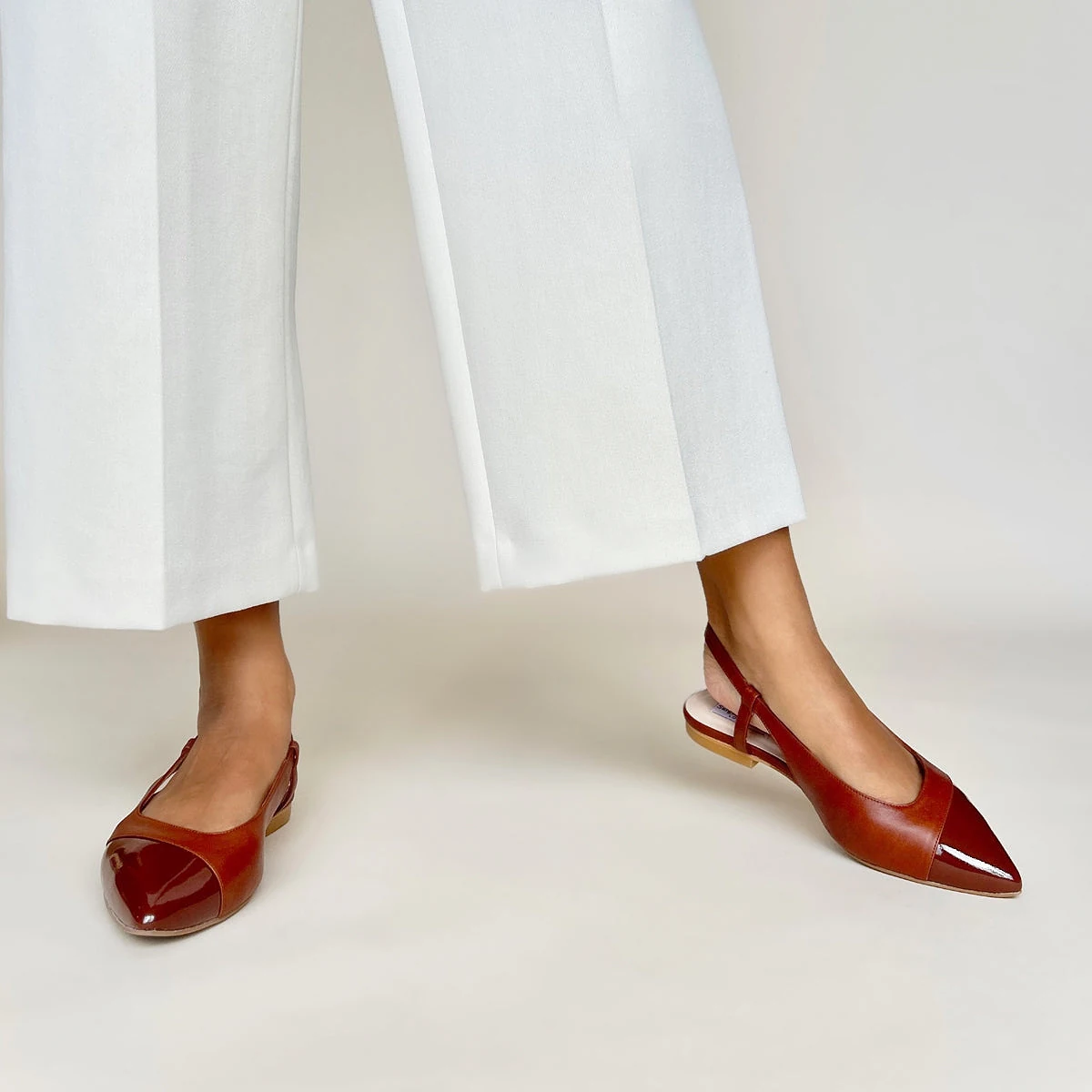 Sadie Extra Wide Fit Slingback Flats - Tan Leather & Patent - UK 7 / EU 40 / Tan