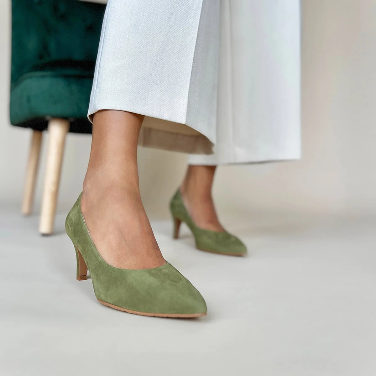 Eve Wide Fit Court Shoe –  Olive Suede - UK 8 / EU 41 / Green