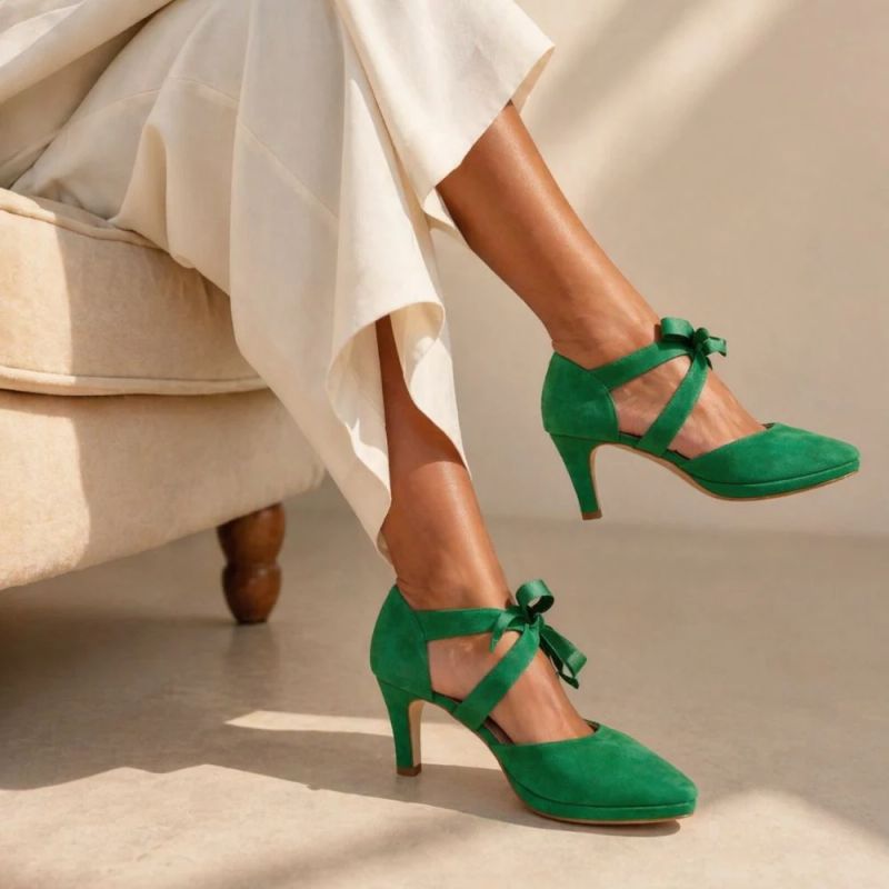 Anya Extra-Wide Fit Platform Heels - Grass Green Suede
