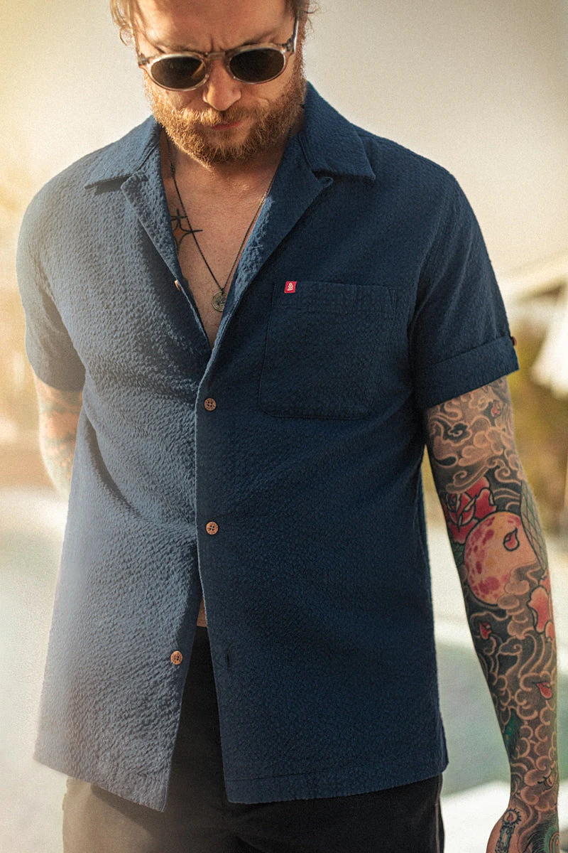 Cuban Night Seersucker Shirt Navy - L