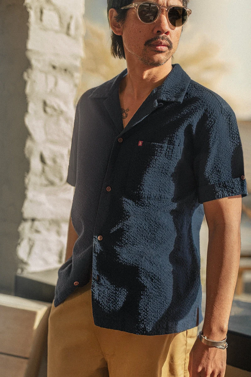Cuban Night Seersucker Shirt Navy - L