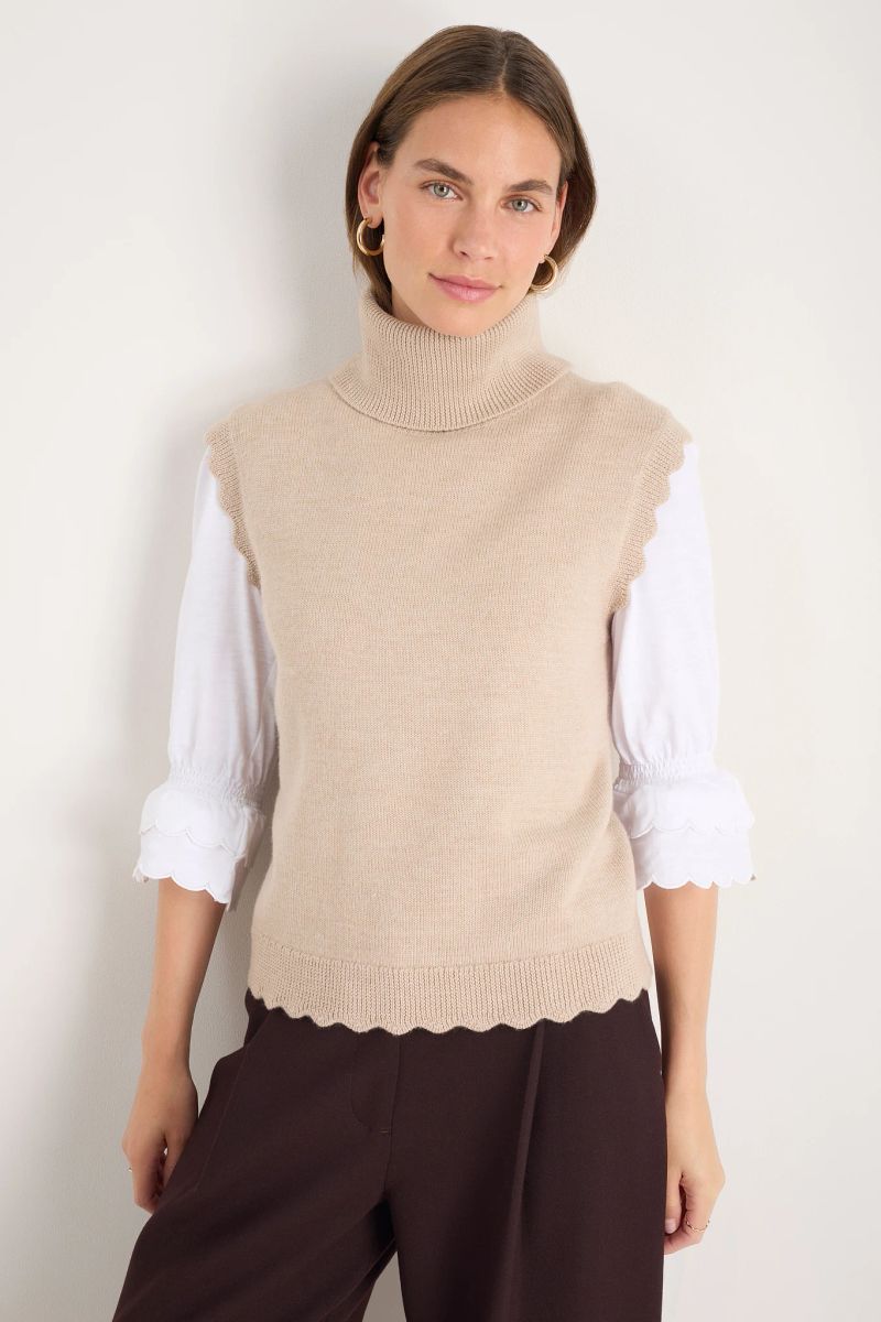 Fleurine Scallop Roll Neck Tank - Oat Marl - M