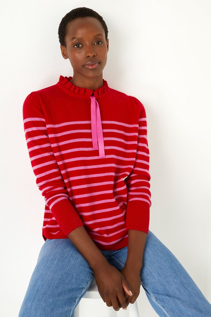 Tilda Tie Stripe Ruffle Neck Jumper - Red/Pink