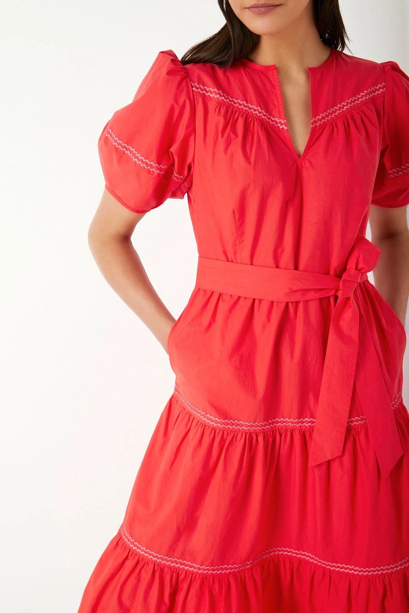 Nadine Rick Rack Trim Tiered Dress - Red/Pink - Regular