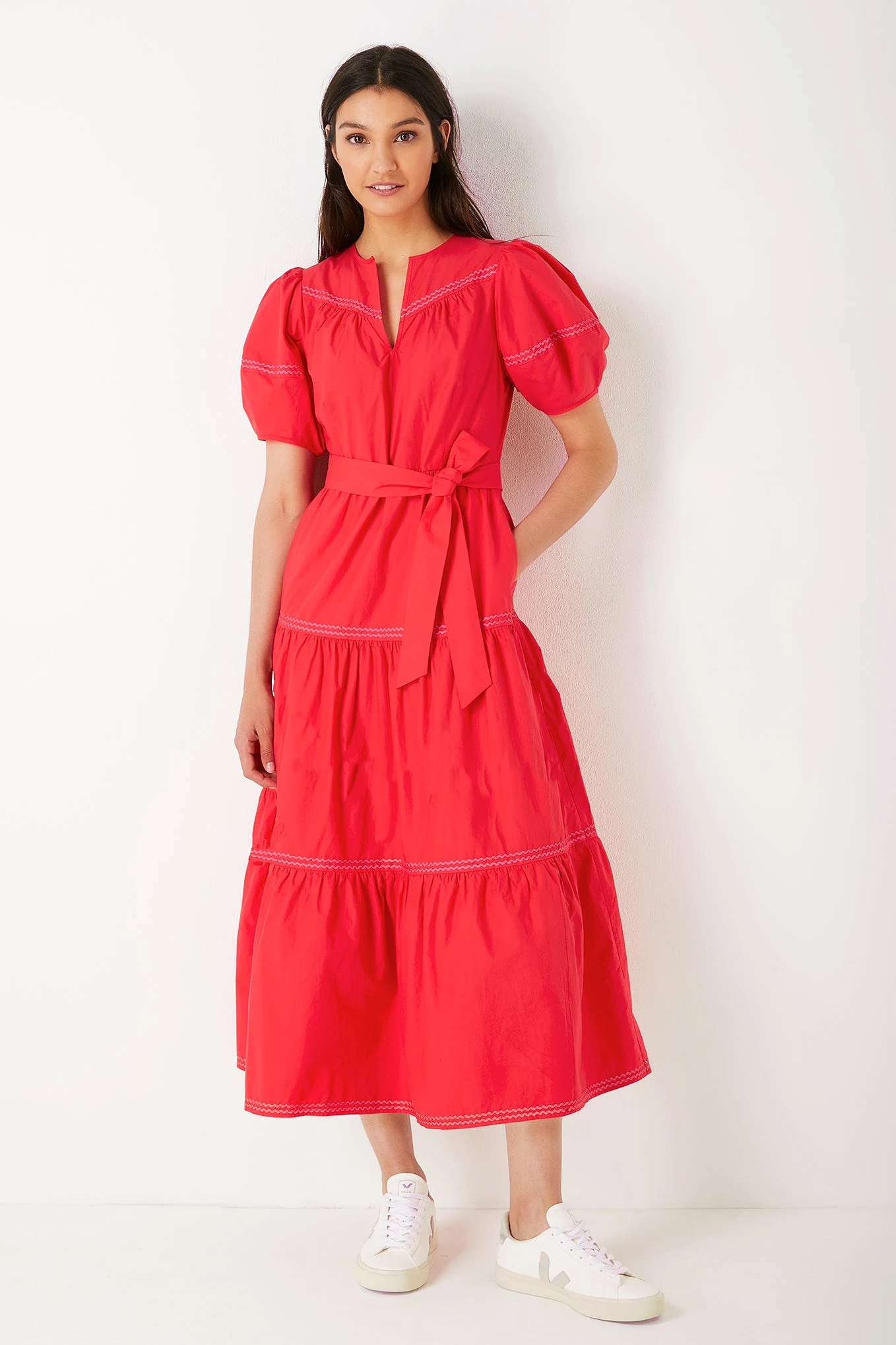 Nadine Rick Rack Trim Tiered Dress - Red/Pink - Longer Length