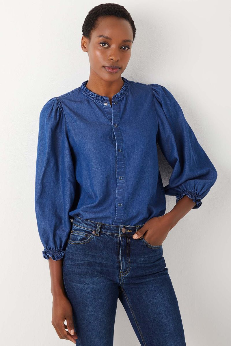 Fleur Frill Neck Shirt Chambray Shirt - Rinse Denim