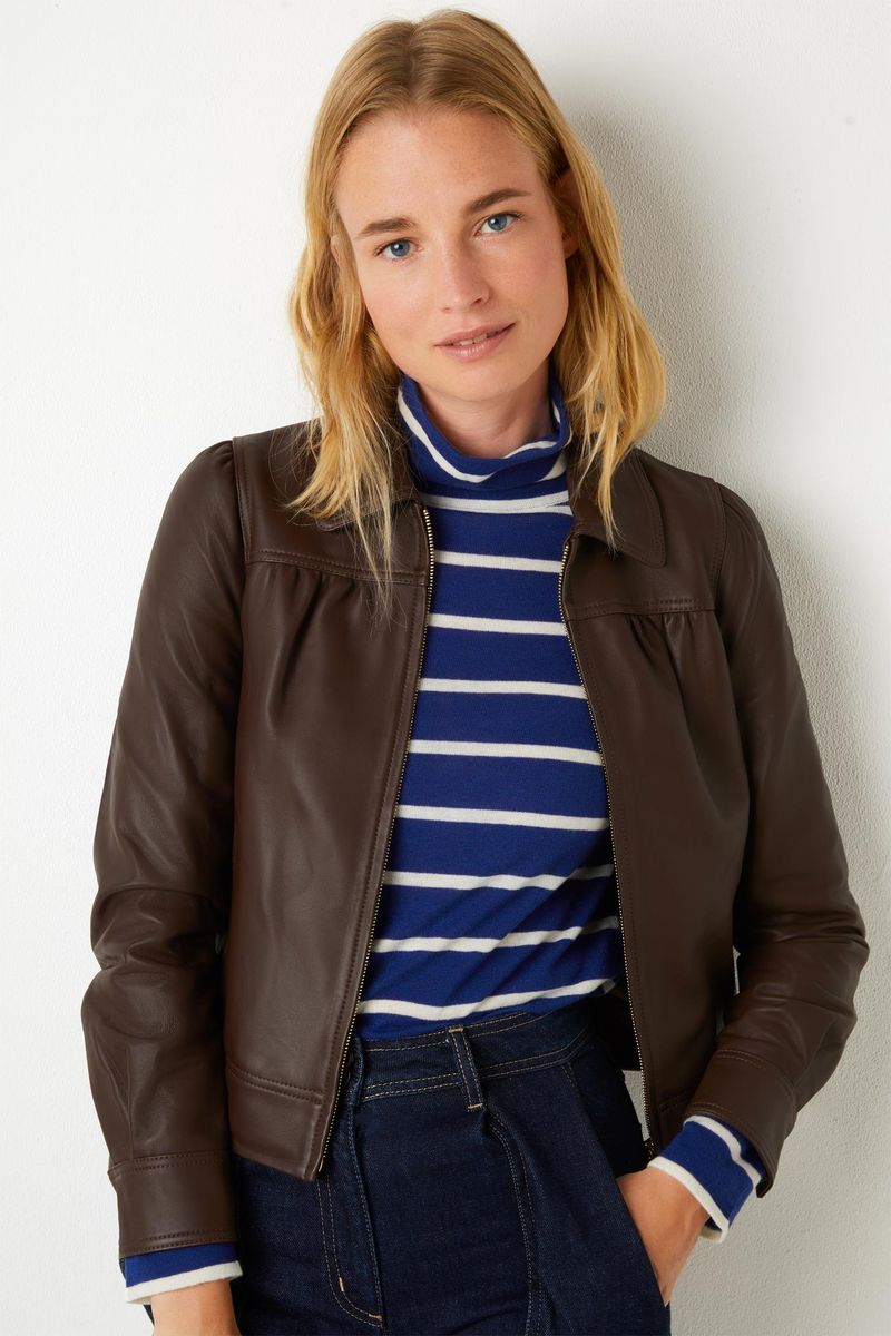Clara Cropped Leather Bomber Jacket - Chocolate