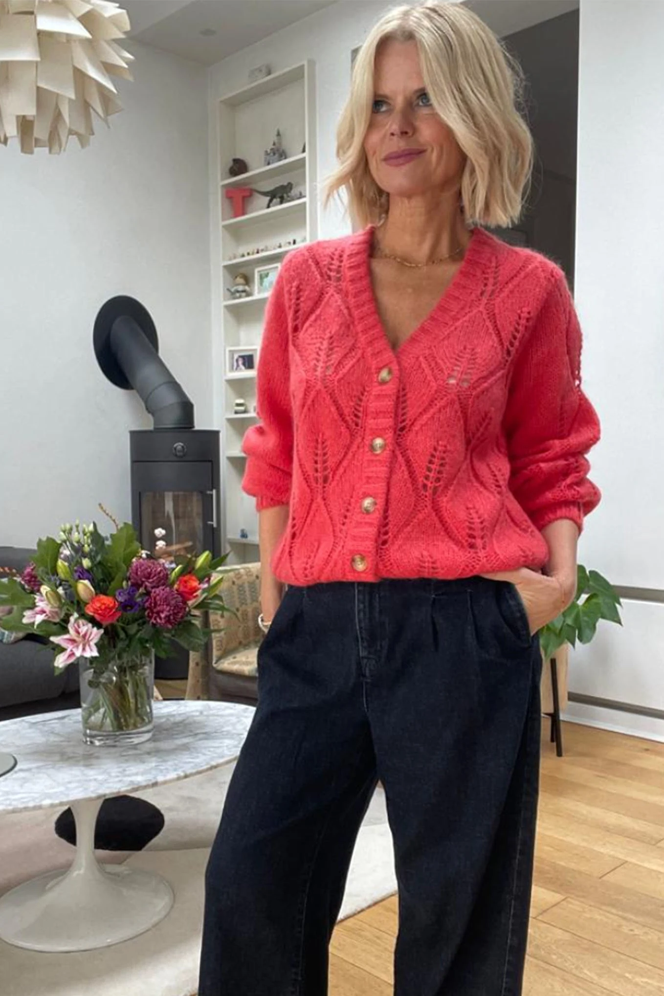 Stella Stitch Detail Fluffy Cardigan - Red