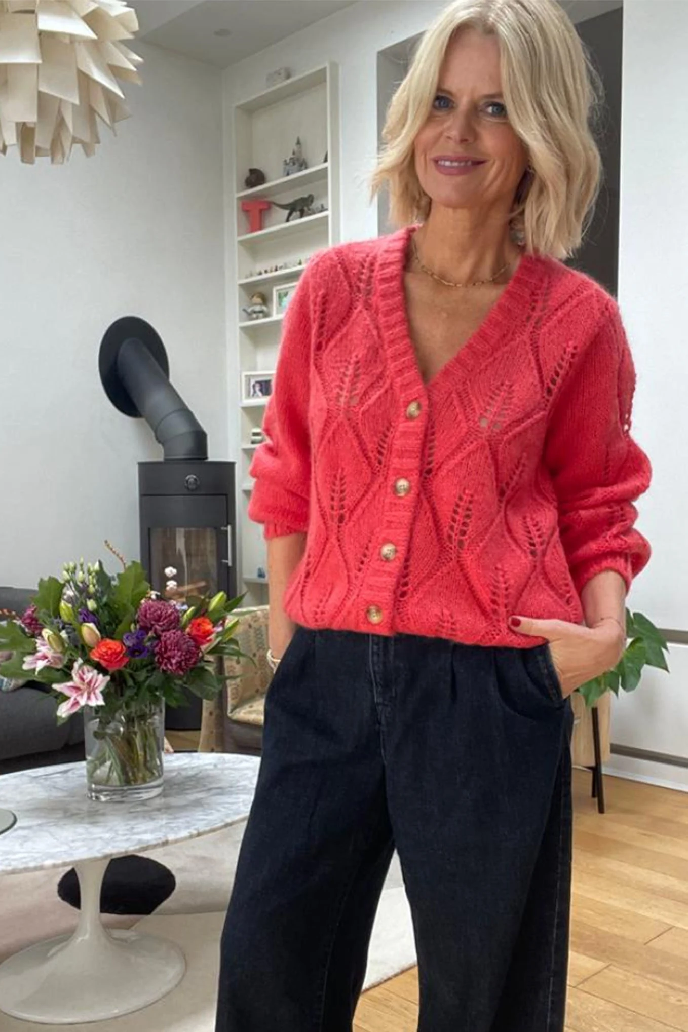 Stella Stitch Detail Fluffy Cardigan - Red