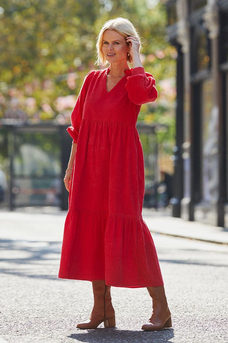 Red V-Neck Nina Midi Dress with Puffed Sleeves