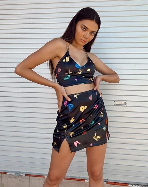 Black butterfly top and skirt two piece