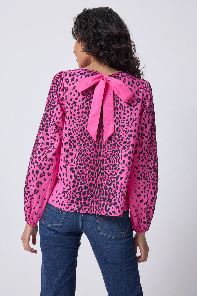 Pink with Black Wild Leopard Blouson Sleeve Top - 20 / Pink