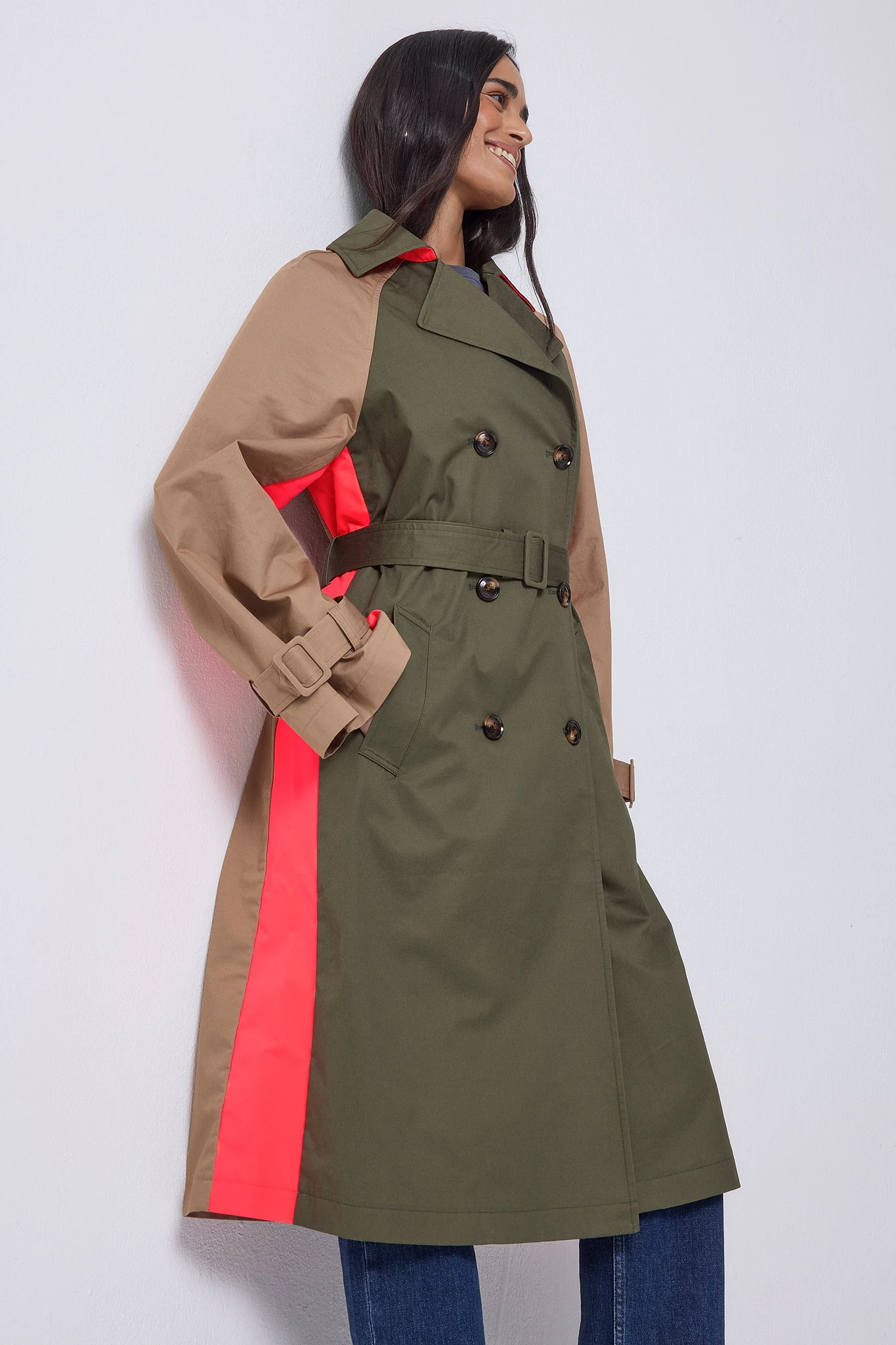 Khaki with Camel and Coral Colourblock Trench Coat