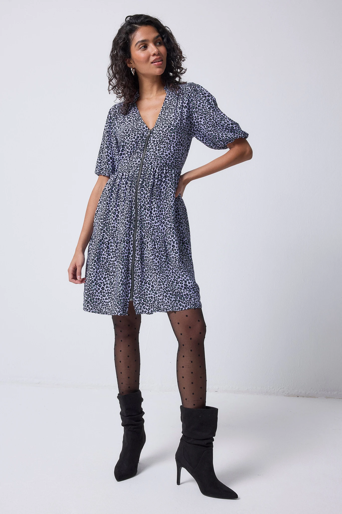 Lilac Mini Leopard Zip Detail Tiered Short Dress