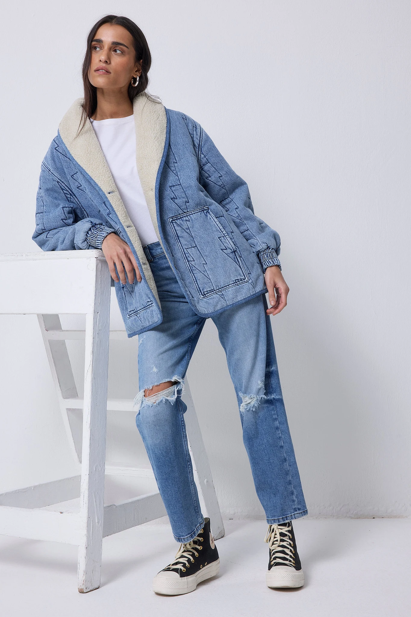 Indigo Denim Quilted Bomber Jacket - 18/20 / Blue
