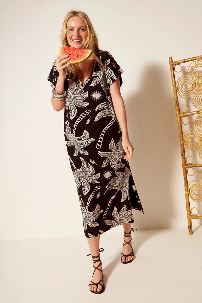 Black with Off White Palm Spring V-Neck Midi T-Shirt Dress