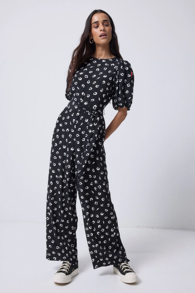 Noir avec Blanc Love Léopard Manches Bouffantes Combinaison Jambes Larges