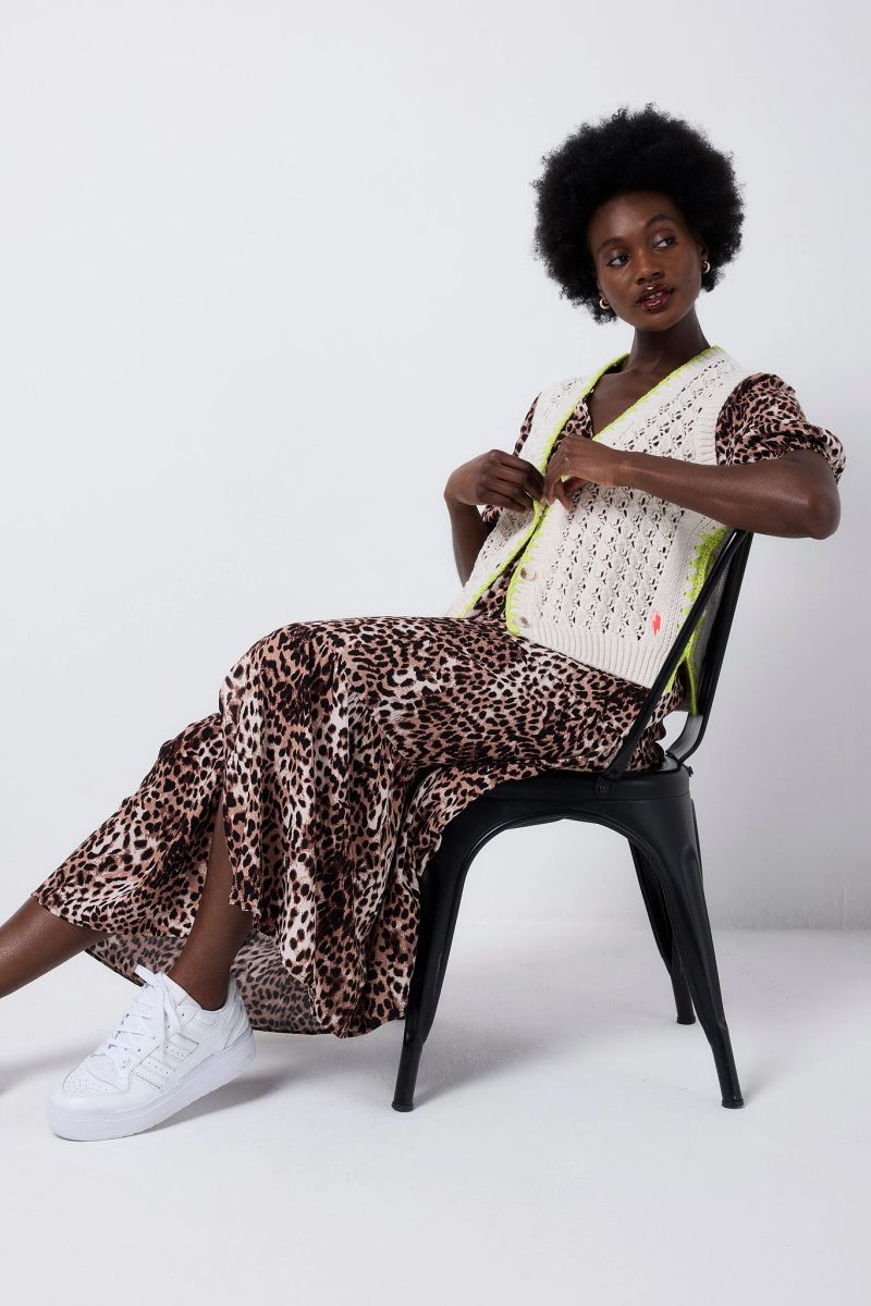 Crème avec gilet crocheté tricoté Neon Yellow