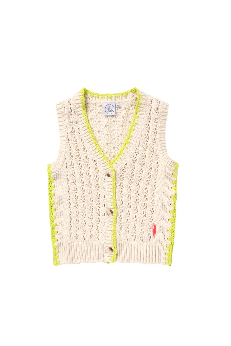 Crema con Chaleco Tejido Crochet Amarillo Neón