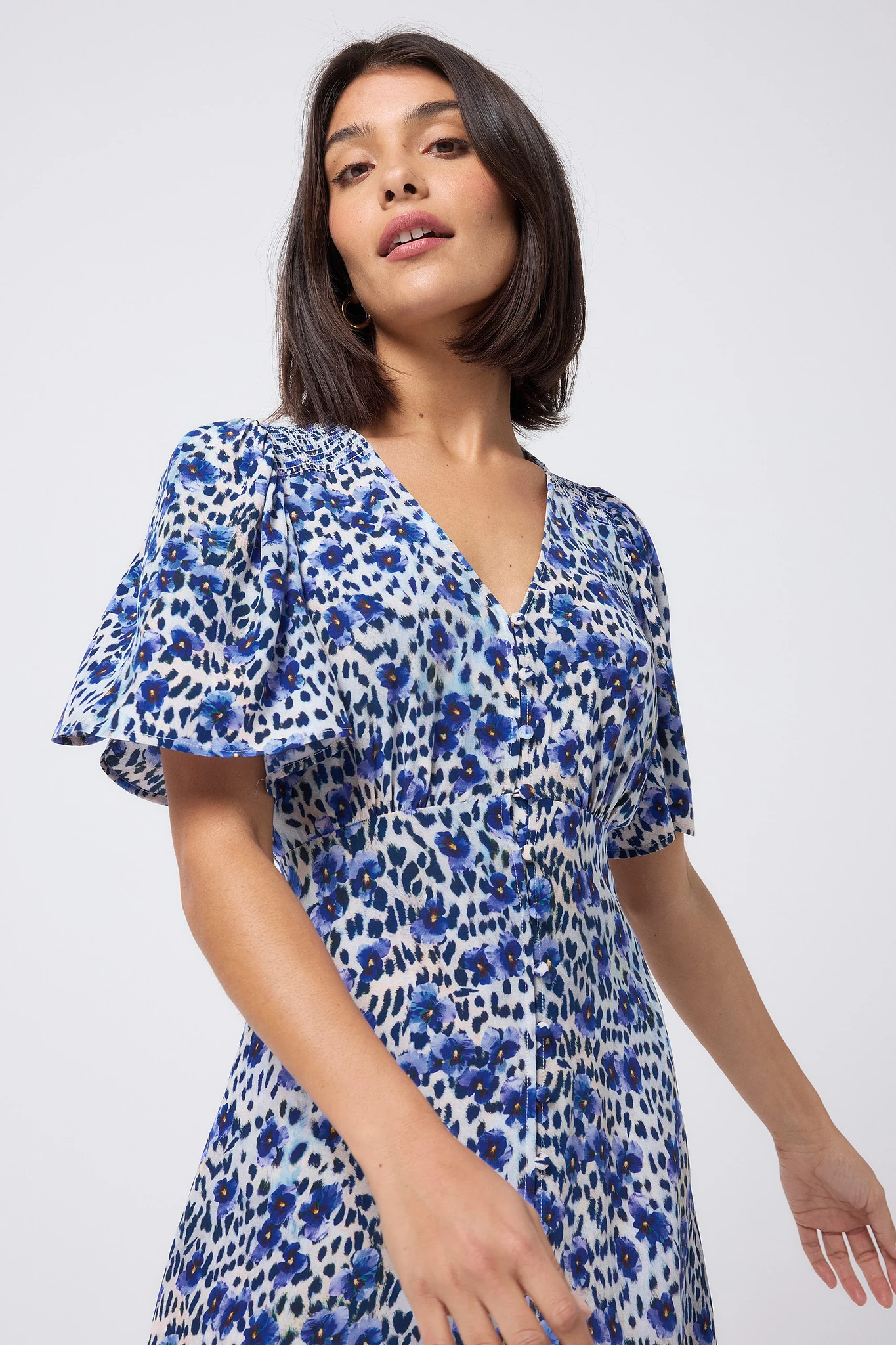 White with Blue Floral Cheetah Print Angel Sleeve Midi Tea Dress