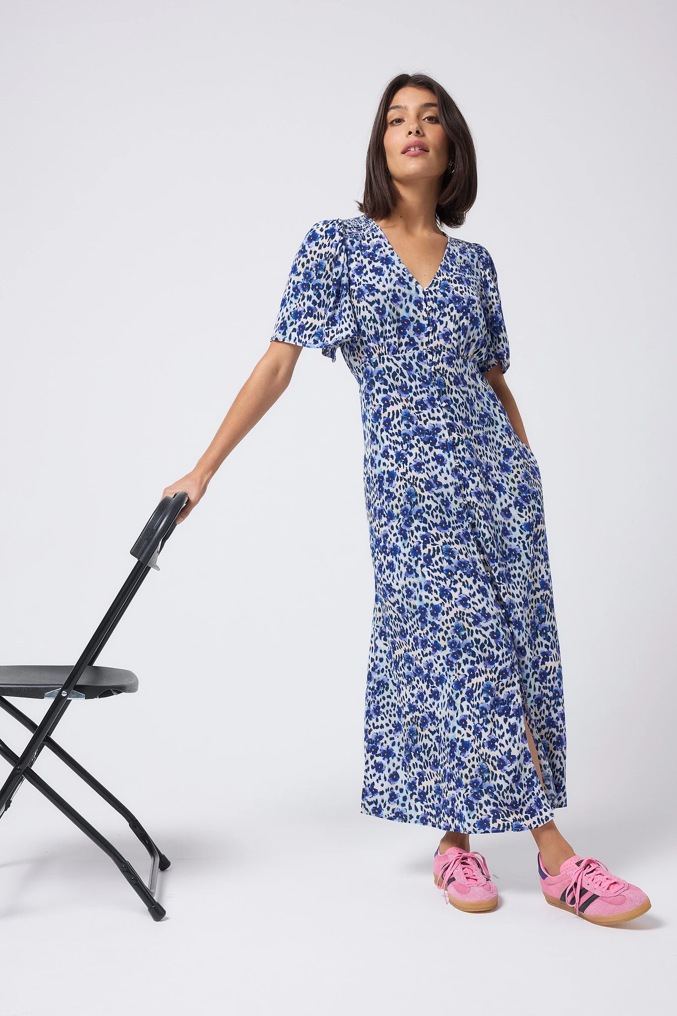 White with Blue Floral Cheetah Print Angel Sleeve Midi Tea Dress