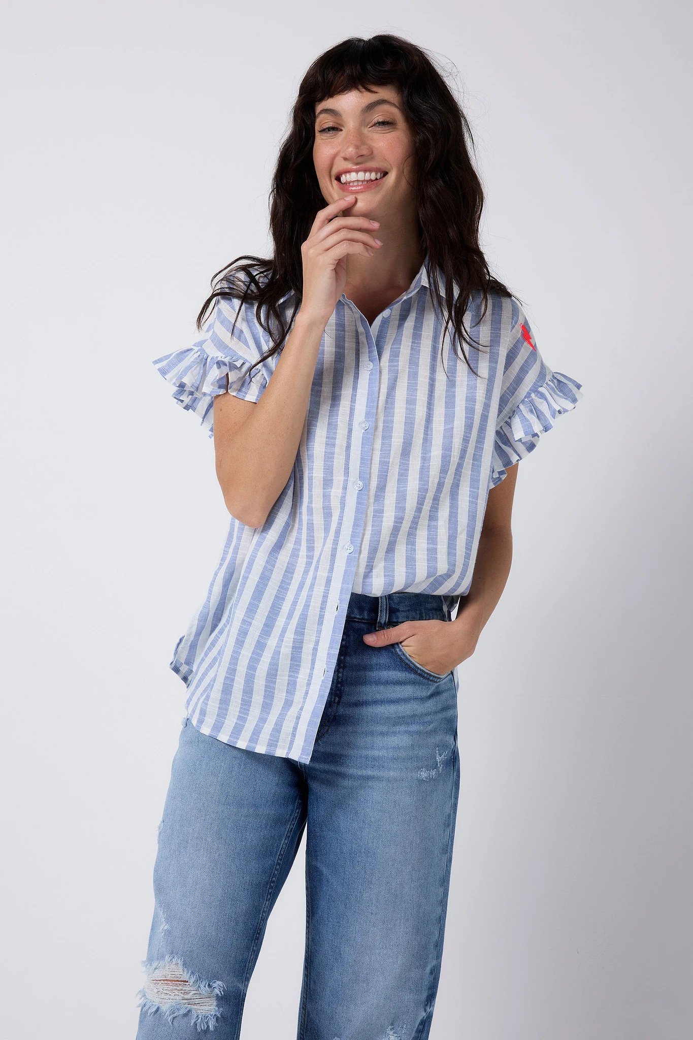 Blue and White Stripe Frill Sleeve Shirt - 16 / Blue