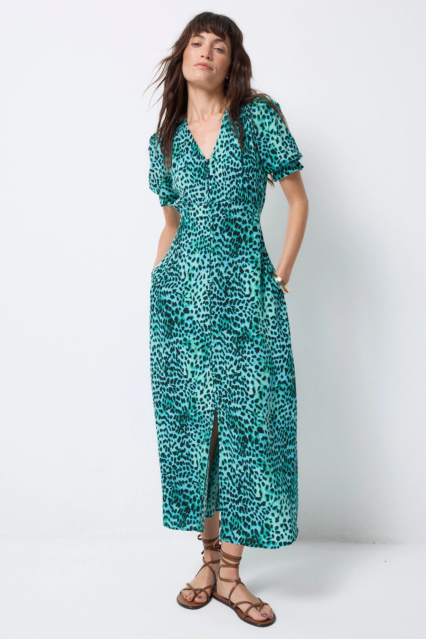 Turquoise with Black Leopard Flute Sleeve Midi Tea Dress