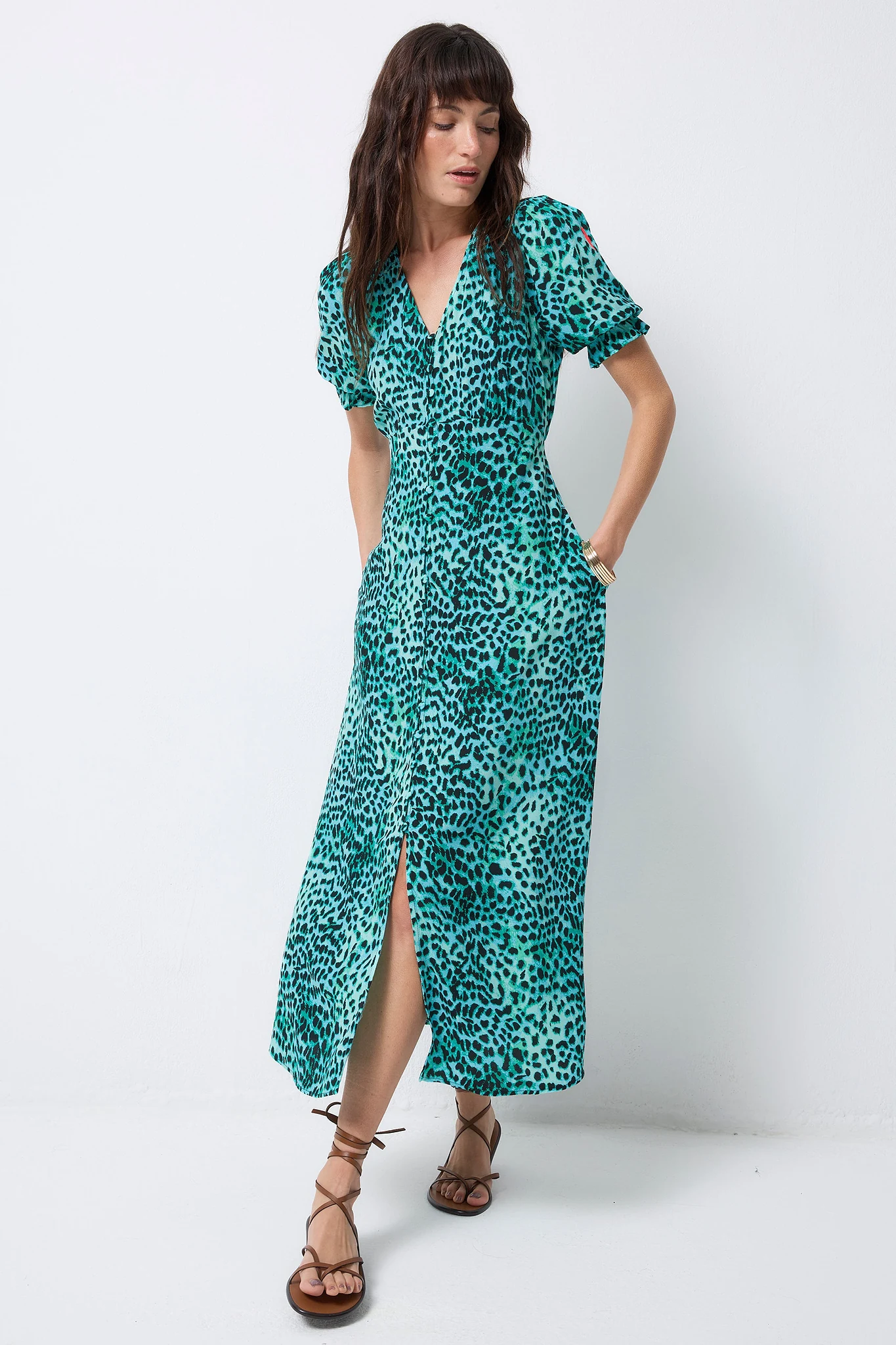 Turquoise with Black Leopard Flute Sleeve Midi Tea Dress