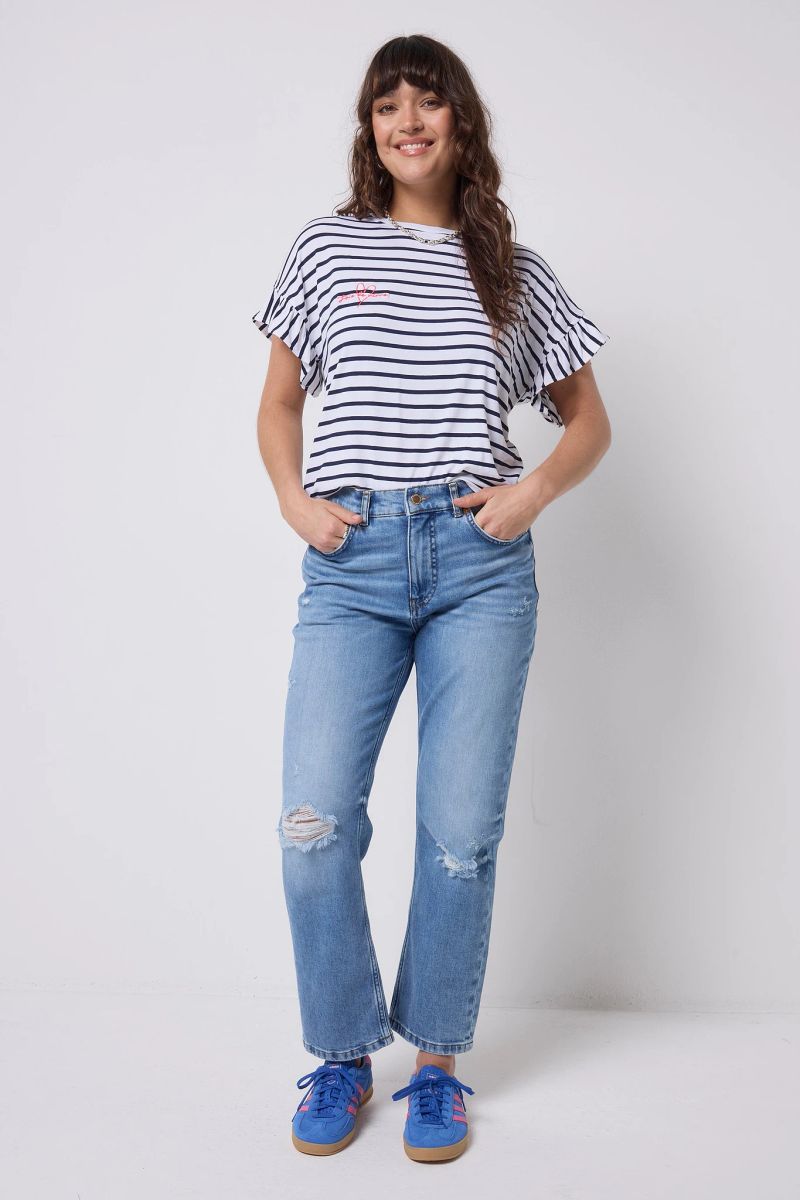 White with Navy Stripe Frill Sleeve T-Shirt