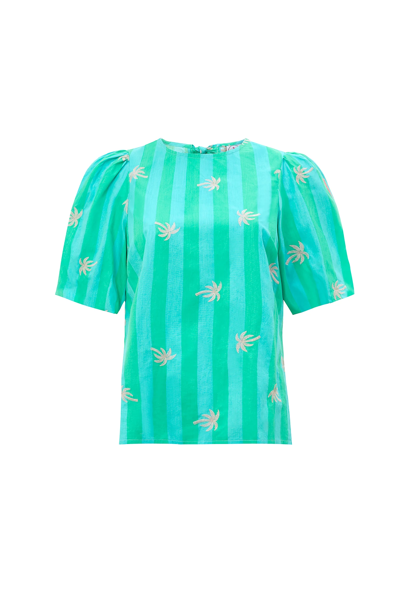 Blue with Green Stripe Short Blouson Sleeve Top