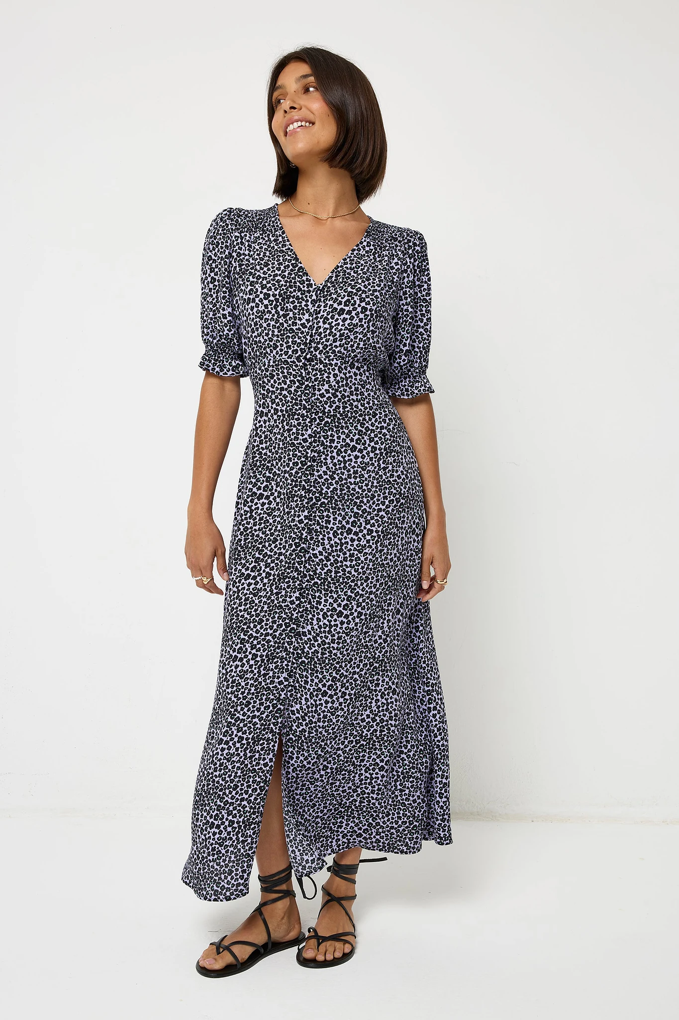 Lilac Mini Leopard Flute Sleeve Midi Tea Dress