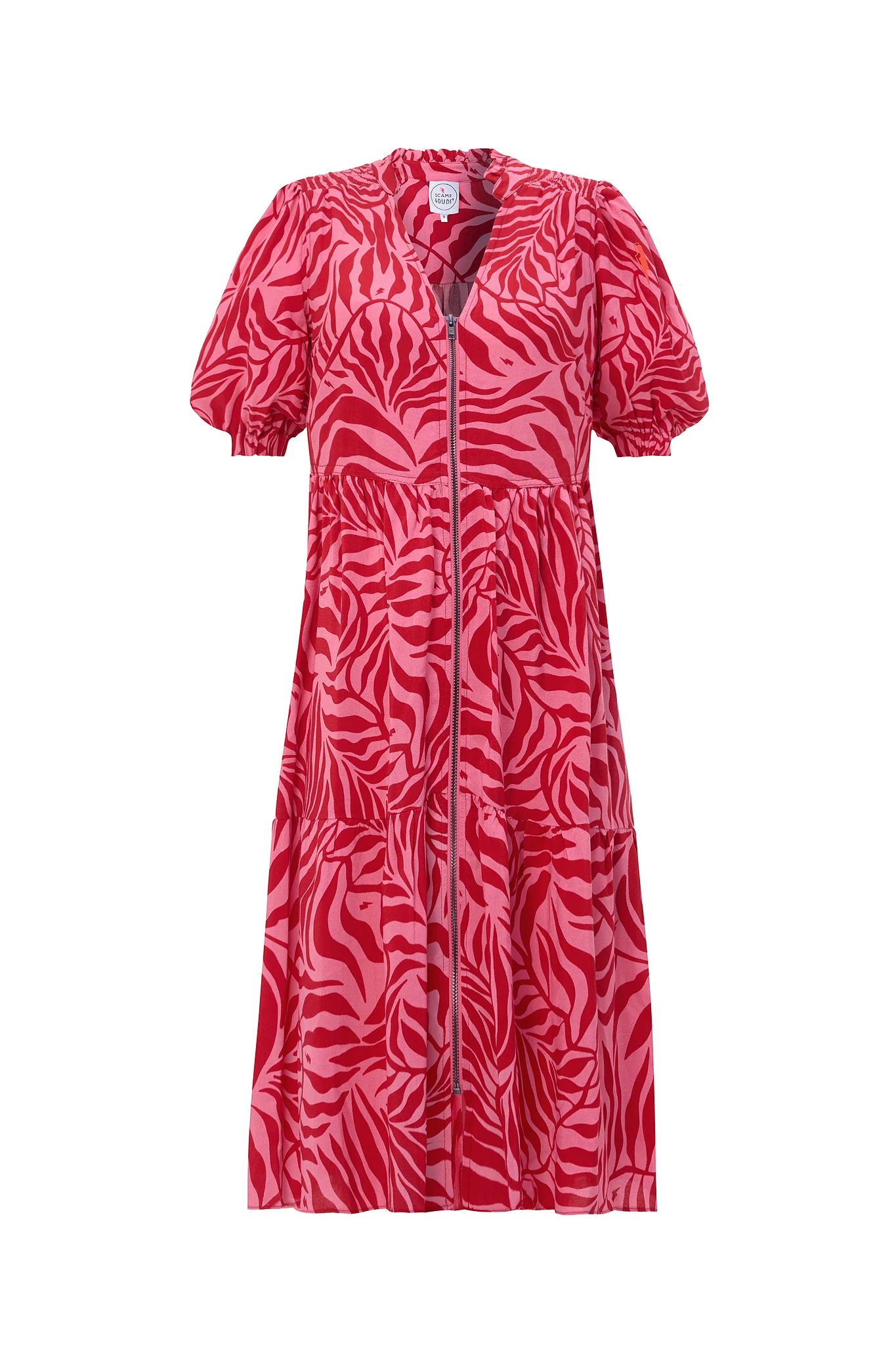 Pink and Red Palm Zip Detail Tiered Short Dress