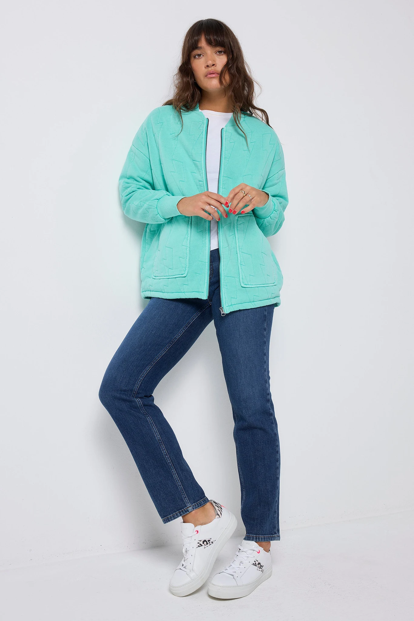 Turquoise Lightning Bolt Oversized Quilted Bomber Jacket - 6/8 / Turquoise