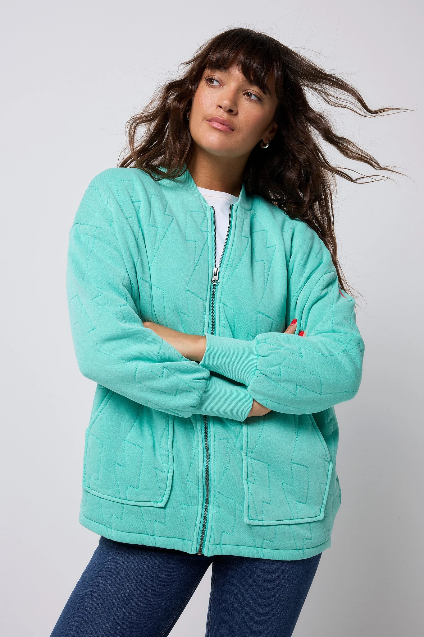 Turquoise Lightning Bolt Oversized Quilted Bomber Jacket - 6/8 / Turquoise