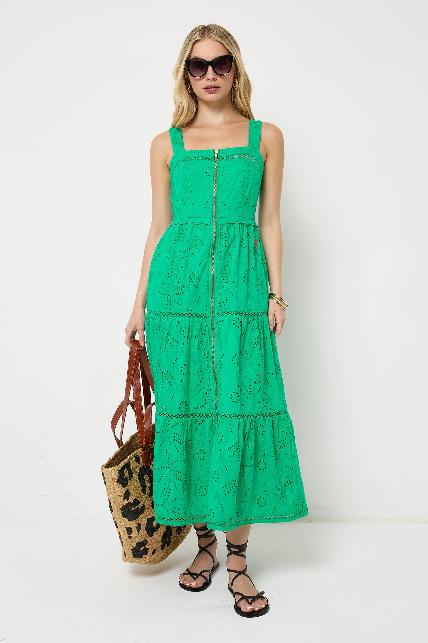 Green Broderie Zip Detail Midi Sundress